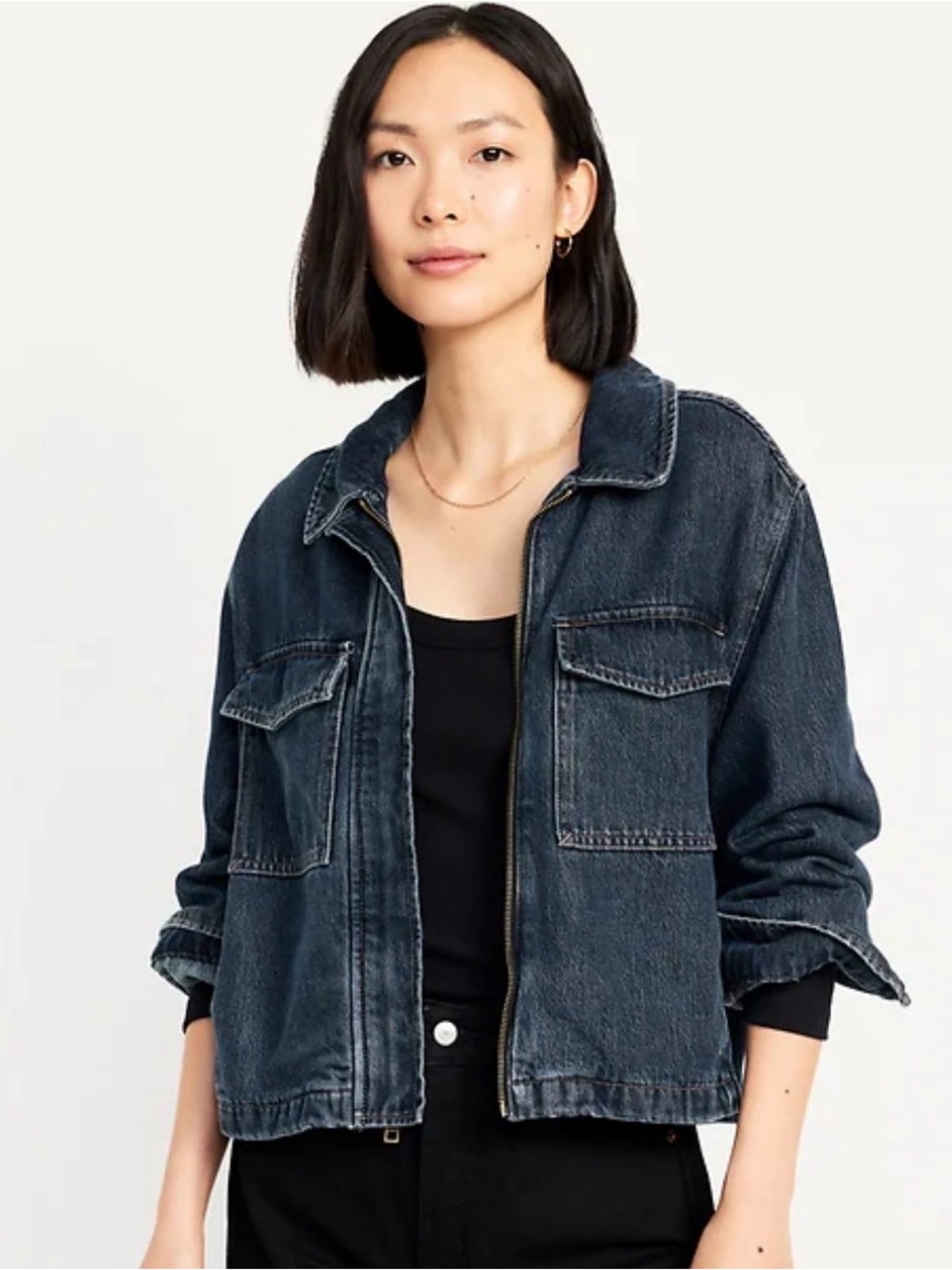 Old Navy Relaxed Dark Wash Blue Denim Zip Jacket Shacket 100% Cotton Size Medium